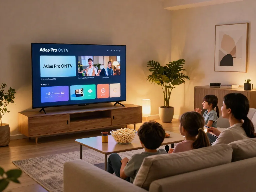Profitez de l'application Atlas Pro ONTV dans un salon moderne avec une famille regardant un film ensemble.