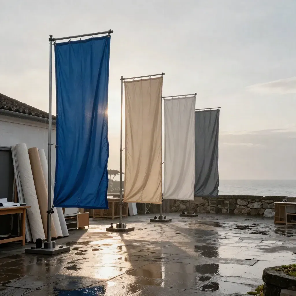 Cour d’atelier avec drapeaux textiles, rouleaux de tissu et reflets mouillés au crépuscule.