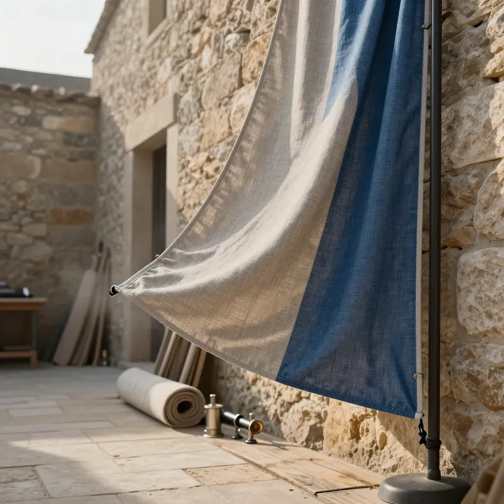 Drapeaux sur mesure en façade, textiles à couture visible, devant un mur de cour d’atelier.
