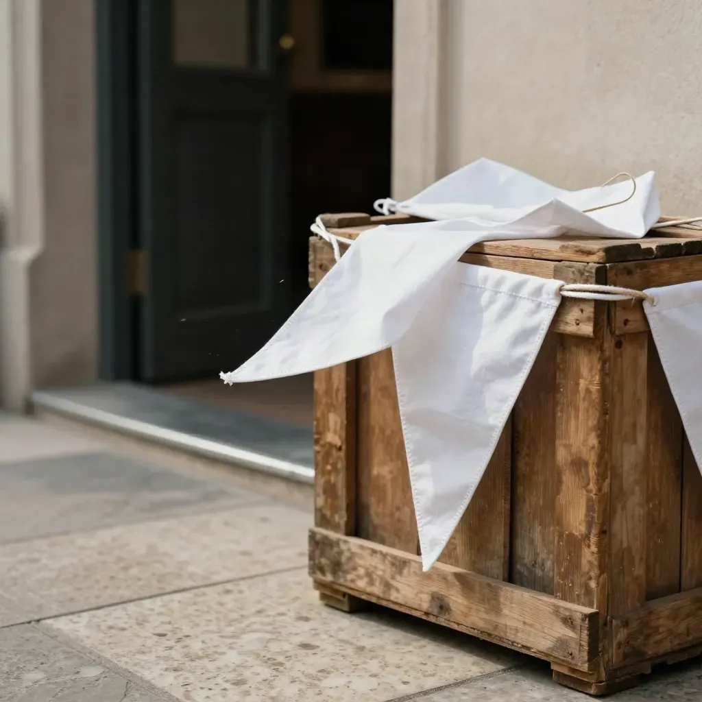 Fanions blancs sur caisses en bois, saisis par une rafale à l’entrée d’un lieu.