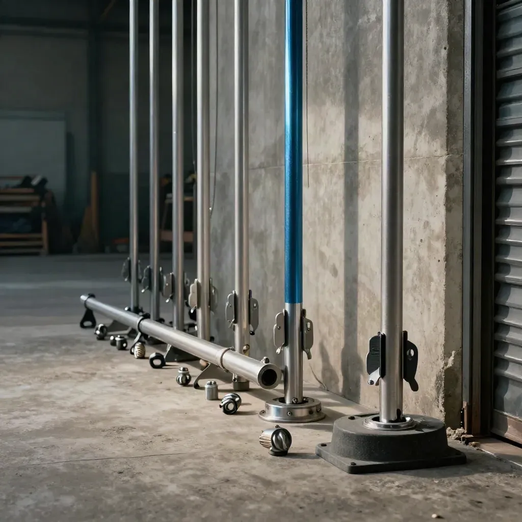 Sections de mât, taquets et fixations alignés sur béton clair dans un hangar ouvert.