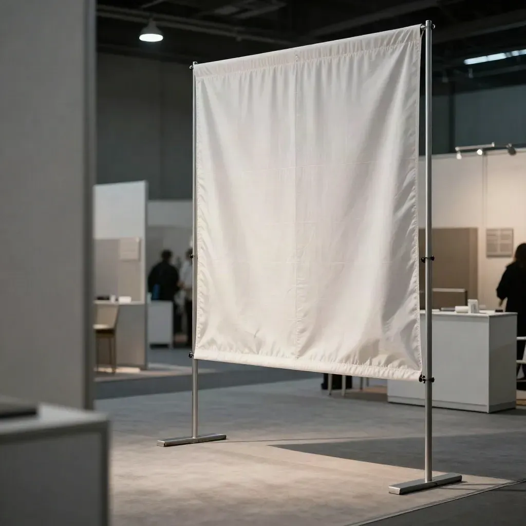 Allée de salon vide avec grand drapeau blanc, stands modulaires et lumière douce.