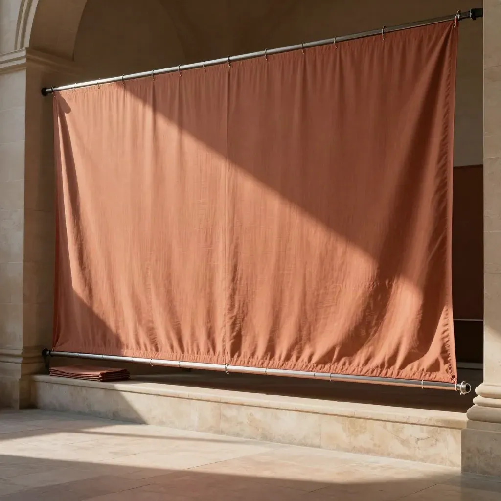 Bannière textile municipale dans un intérieur en pierre, lumière douce, rails discrets et tissus pliés.
