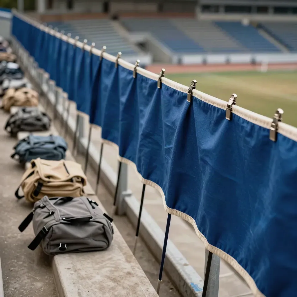 Fanions de rugby bleu océan sur tribune vide, sacs de kit et ligne de touche peinte.