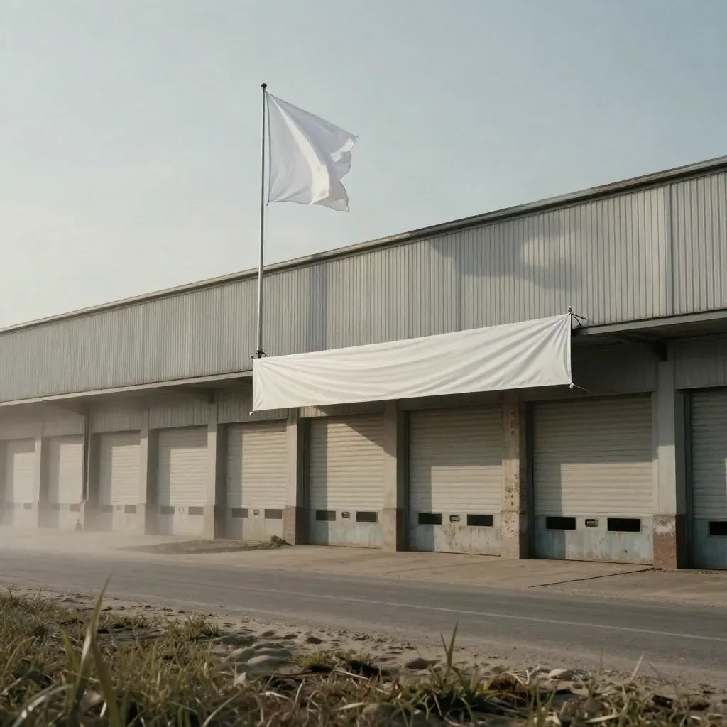 Entrepôt industriel avec drapeau blanc et bannière de portail battus par le vent au bord de route.