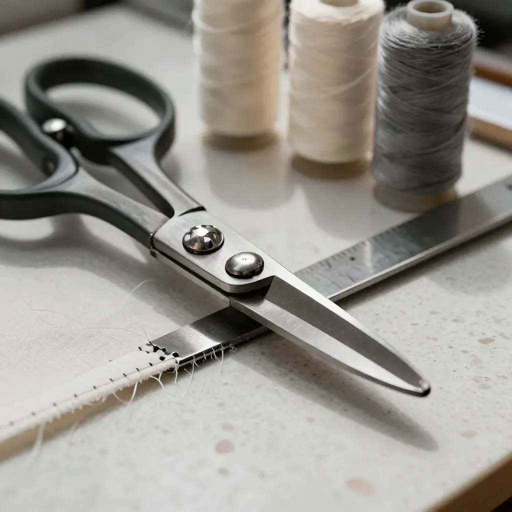 Ciseaux de couture industriels, échantillons cousus et cônes de fil sur travertin clair.