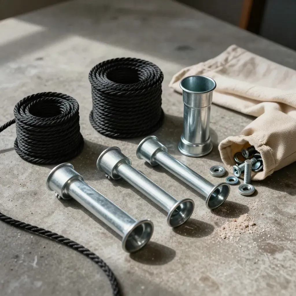Quincaillerie de pose sur béton, vue du dessus, lumière douce et ombres longues.