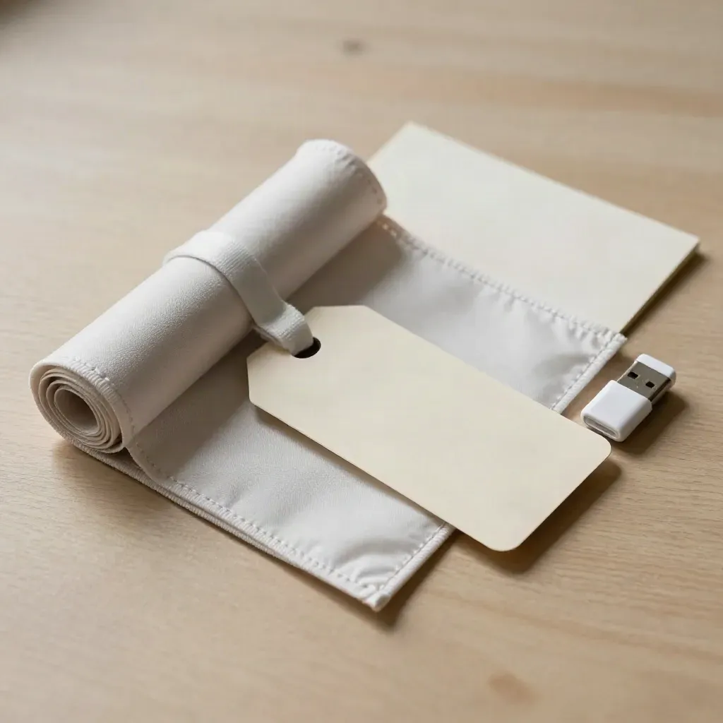 Kit de briefing pour drapeau sur bois clair avec pochette, échantillon roulé et clé USB.