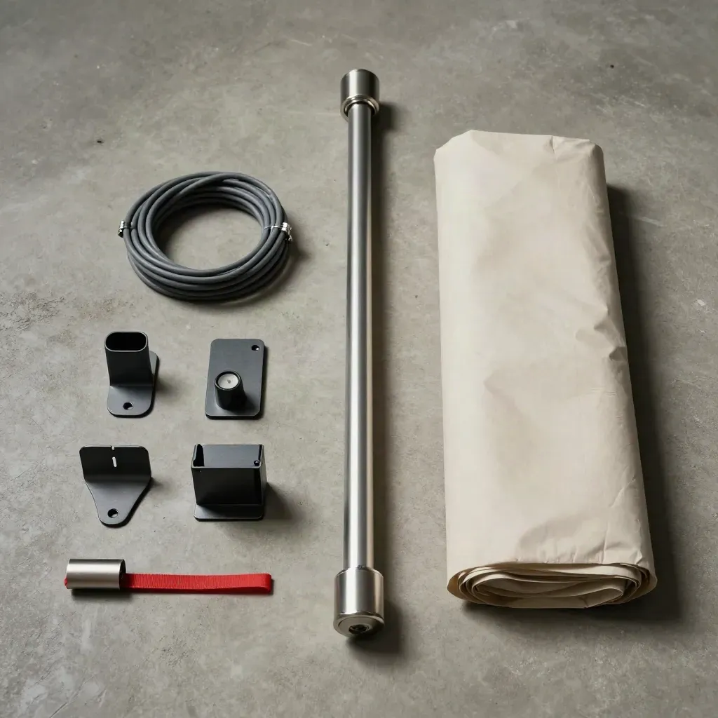 Kit de mât plié avec cordages, supports et emballage protecteur sur béton clair.