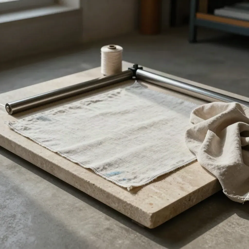 Textile fraîchement imprimé avec fil, rail métallique et tissu plié sur une dalle de pierre.