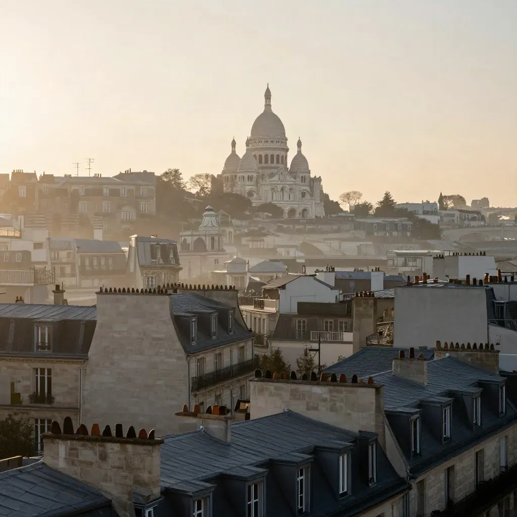 Vue de Paris au lever du soleil, Sacré-Cœur dans la brume au-dessus des toits et de la Seine.