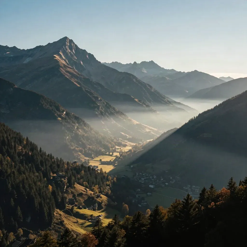 Alpes au-dessus d’une vallée calme, lumière dorée et viaduc lointain.