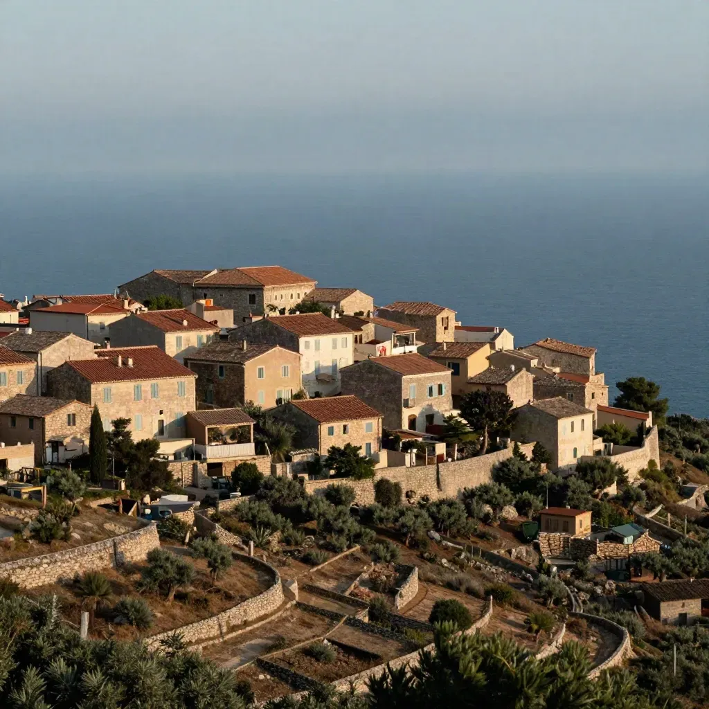 Village provençal en terrasses au-dessus d’une côte méditerranéenne brumeuse