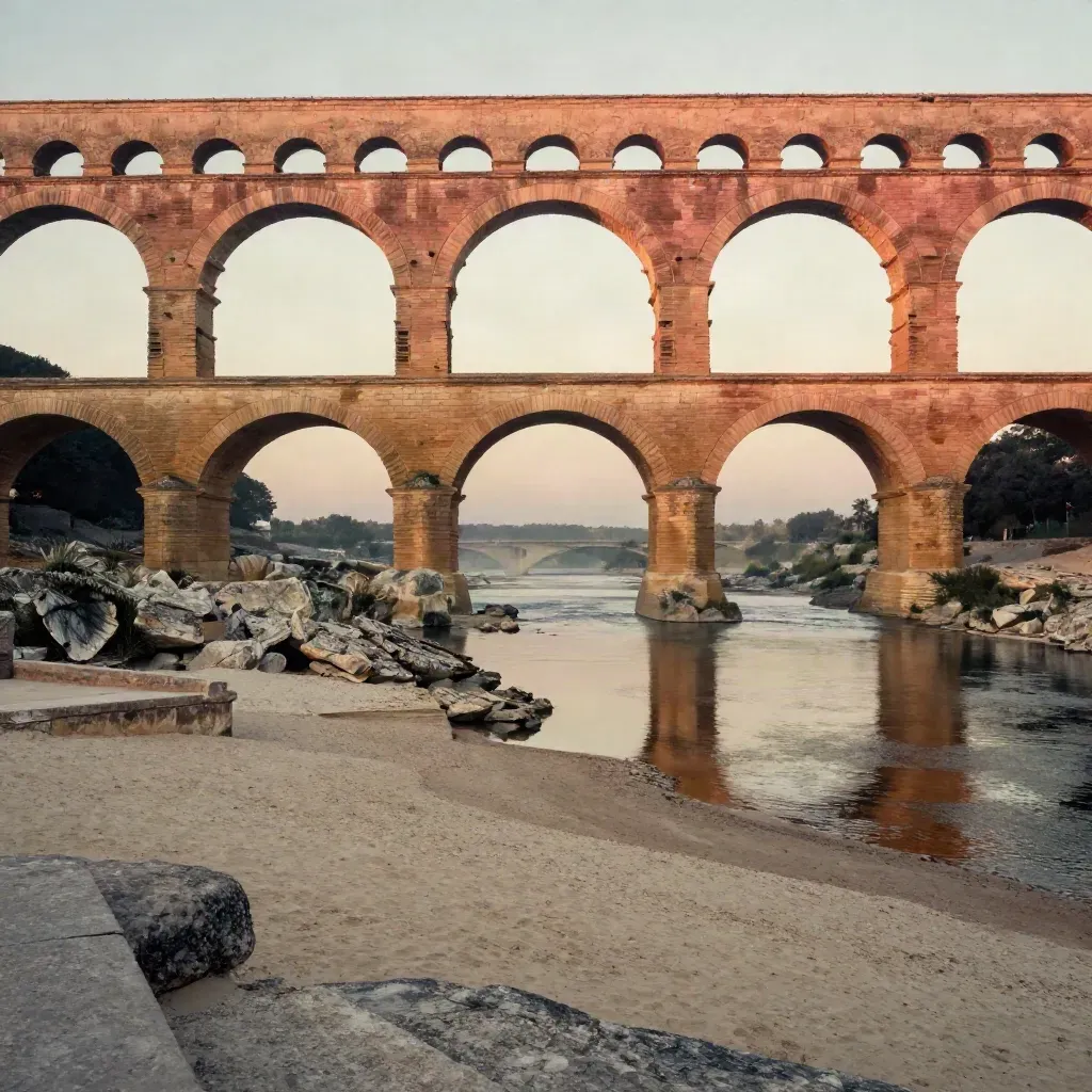Le Pont du Gard au coucher du soleil, arches roses au-dessus d’une rivière calme en Occitanie