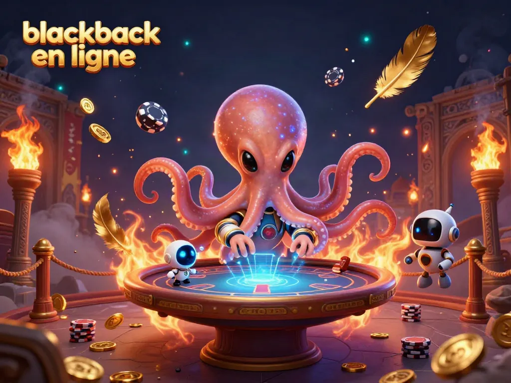 Jouer au blackjack en ligne avec une illustration d'un octopus extraterrestre et un robot dans un casino intergalactique.